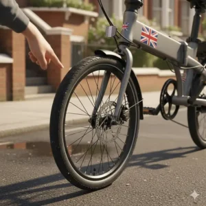 Detailed illustration of the 20 inch wheels and puncture-resistant tyres suitable for British road conditions.