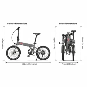Technical diagram showing the unfolded and folded dimensions of a lightweight 20 inch folding electric bike.