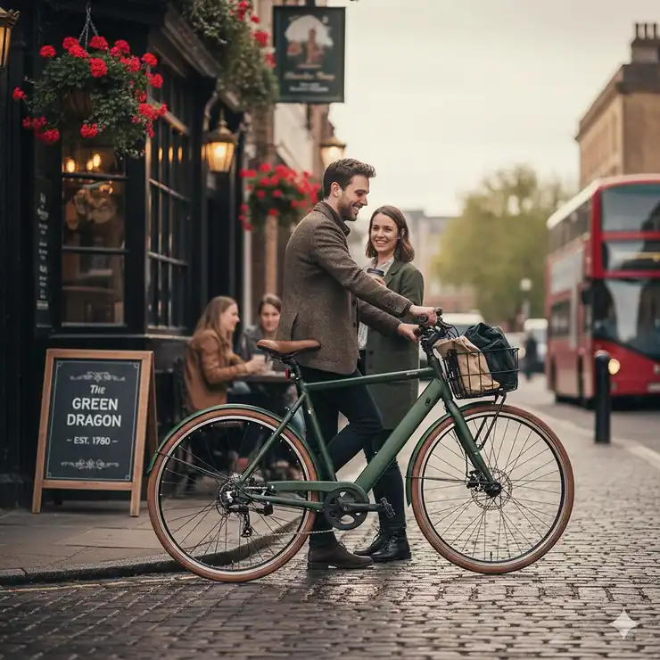A person riding a 250 watt electric bike through a leafy London street during a morning commute.