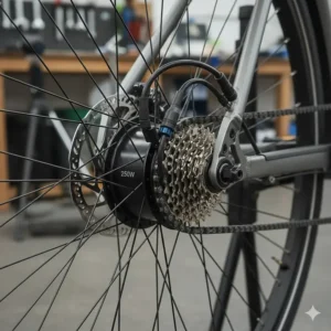 Close-up illustration of a 250 watt rear hub motor on an electric bicycle.