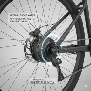 Illustration of a 48v electric bike rear hub motor assembly, highlighting the power delivery for climbing steep British hills.