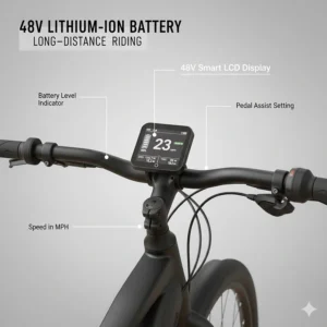 Close-up of a 48v electric bike handlebar display showing speed in mph, battery level, and pedal assist settings.