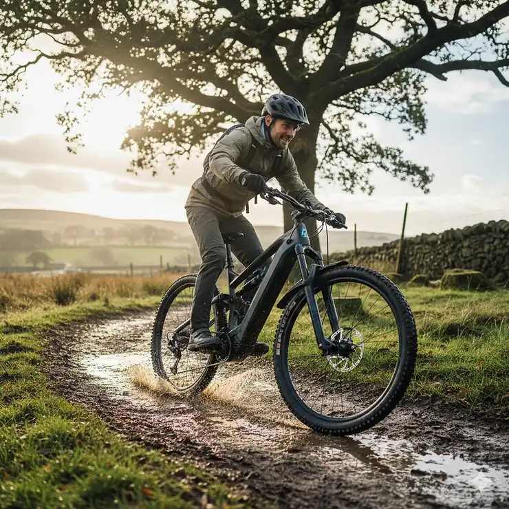 A rider on a high-performance electric mountain bike tackling a technical forest trail in the Peak District, UK.
