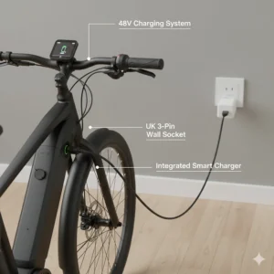 A 48v electric bike being charged at a standard UK three-pin wall socket with a focus on the charging port.