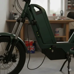 An electric bike battery being charged using a standard UK three-pin mains plug.