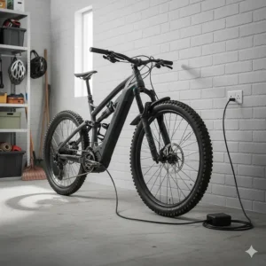 An electric mountain bike plugged into a standard UK 3-pin wall socket in a home garage.