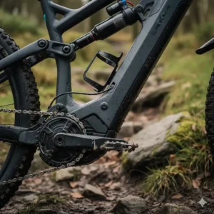 Close-up of a powerful mid-drive motor on an electric mountain bike designed for steep UK climbs.