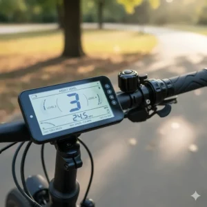 A digital handlebar display showing power assist levels on a 250 watt electric bike.
