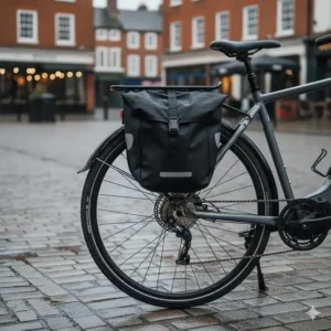 An electric bike fitted with full mudguards and a pannier rack, essential for wet British weather and utility riding.