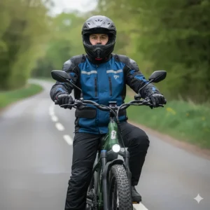 A rider wearing a motorcycle-grade helmet and hi-vis gear while operating a 50 mph electric bike.
