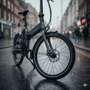 Close-up of hydraulic disc brakes and integrated LED lights on a folding electric bike for safe UK road cycling.