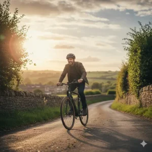 A cyclist using the pedal assist of a 250 watt electric bike to climb a steep British country lane.