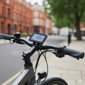 Handlebars of a budget e-bike showing the LCD display, integrated lights, and brake levers for the UK market.