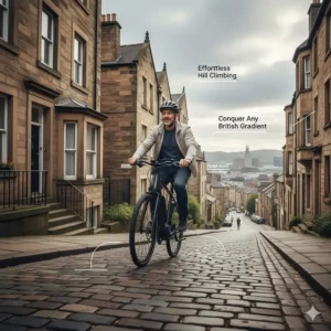 An electric bike rider using pedal assist to climb a steep British hill without breaking a sweat.
