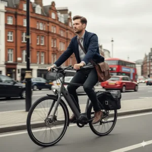 A commuter riding an affordable electric bike to work in London, highlighting budget-friendly e-bikes for UK travel.