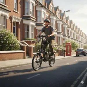 A 20 inch folding electric bike using pedal assist to climb a steep British residential street.