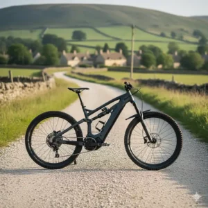 A lightweight electric hardtail mountain bike parked on a gravel bridleway in the Cotswolds.