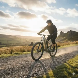 An entry-level electric mountain bike on a gravel trail in the Peak District, demonstrating affordable off-road e-bikes.