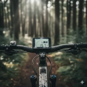 The handlebar cockpit of a UK electric mountain bike showing the digital display and power assistance modes.