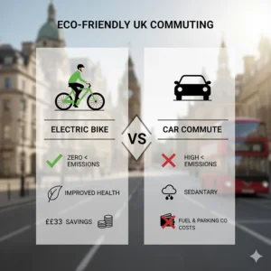 Chart comparing the carbon footprint and health benefits of electric bikes versus driving a car in UK city centres.