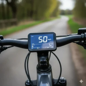 Close-up of a digital LCD display on an electric bike showing a top speed of 50 mph.