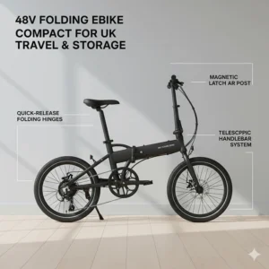 Illustration of a 48v electric bike in its folded position, demonstrating ease of storage for UK trains and small flats.