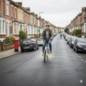 Illustration of a folding electric bike using motor assistance to climb a steep British residential street.