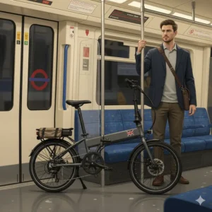Illustration of a compact 20 inch folding electric bike folded neatly on a UK commuter train.