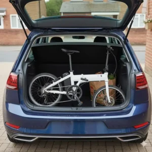 An electric folding bike folded down and fitting easily into the boot of a standard UK hatchback car.