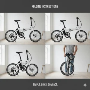 Diagram showing how to fold a compact electric bike for easy storage in a UK home or flat.