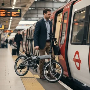 A compact folding electric bike being carried onto a UK train, ideal for multi-modal commuting under £1000.