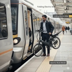 A commuter carrying a compact folding electric bike onto a train carriage, ideal for multi-modal UK commuting.