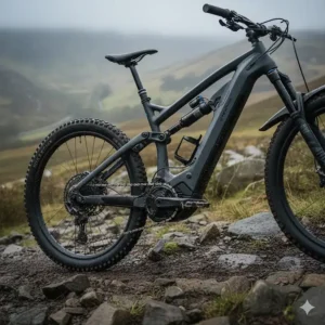 A full-suspension electric mountain bike navigating a rocky descent at a Welsh trail centre.