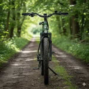 Front and rear suspension system on a 50 mph off-road electric bike for rugged British trails.
