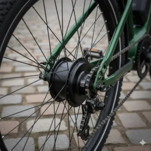 Detailed view of a powerful rear hub motor capable of reaching 50 mph on a performance electric bike.