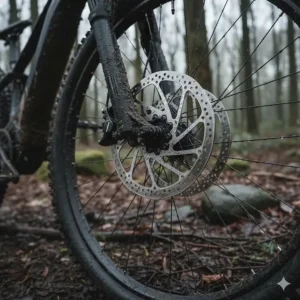 High-quality hydraulic disc brakes on an electric mountain bike providing reliable stopping power in muddy conditions.