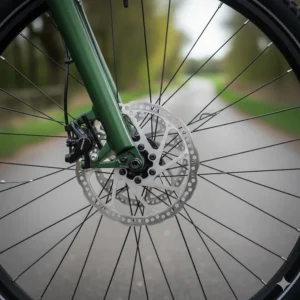 High-performance hydraulic disc brakes on a fast electric bike for safe stopping at higher speeds.