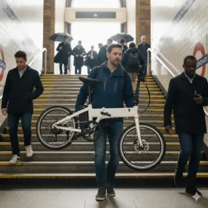 A commuter carrying a lightweight folding electric bike up a flight of stairs at a London Underground station.