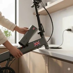 Illustration showing the removable lithium-ion battery on a 20 inch folding electric bike for convenient charging.