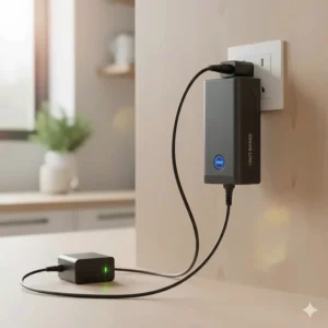 Illustration of a removable lithium-ion battery being charged at a UK 3-pin wall socket.