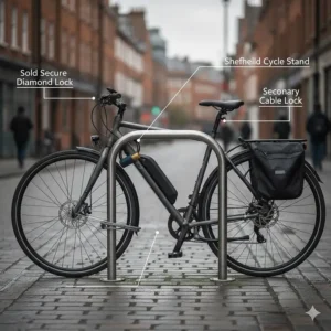 Illustration of an electric bike locked to a Sheffield bike stand using a high-security D-lock to prevent theft in UK cities.