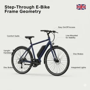 Technical drawing showing the comfortable step-through frame geometry of a 250 watt city e-bike.