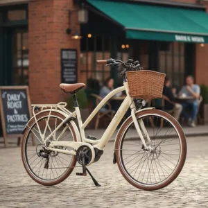 A step-through frame electric bike parked outside a British cafe, showing accessible e-bike options for under £1000.