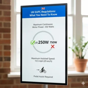 An infographic explaining UK EAPC law and the 250 watt power limit for road-legal electric bikes.