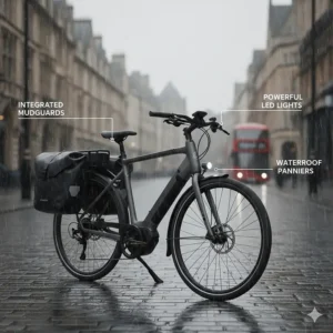 Diagram of a UK-ready electric bike featuring integrated mudguards, pannier racks, and powerful LED lights for dark winter commutes.