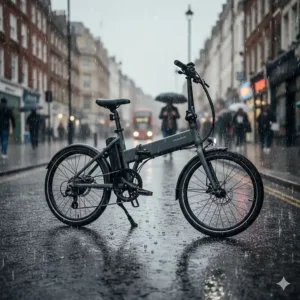 Detailed view of a folding electric bike with full mudguards and waterproof casing for riding in UK wet weather.