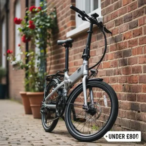 A high-quality folding electric bike under £800 showcasing its lightweight aluminium frame and disc brakes.