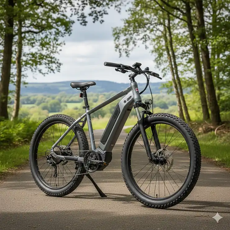 A sturdy electric bike designed for a heavy person, parked on a paved British cycle path with a woodland background. electric bike for heavy person