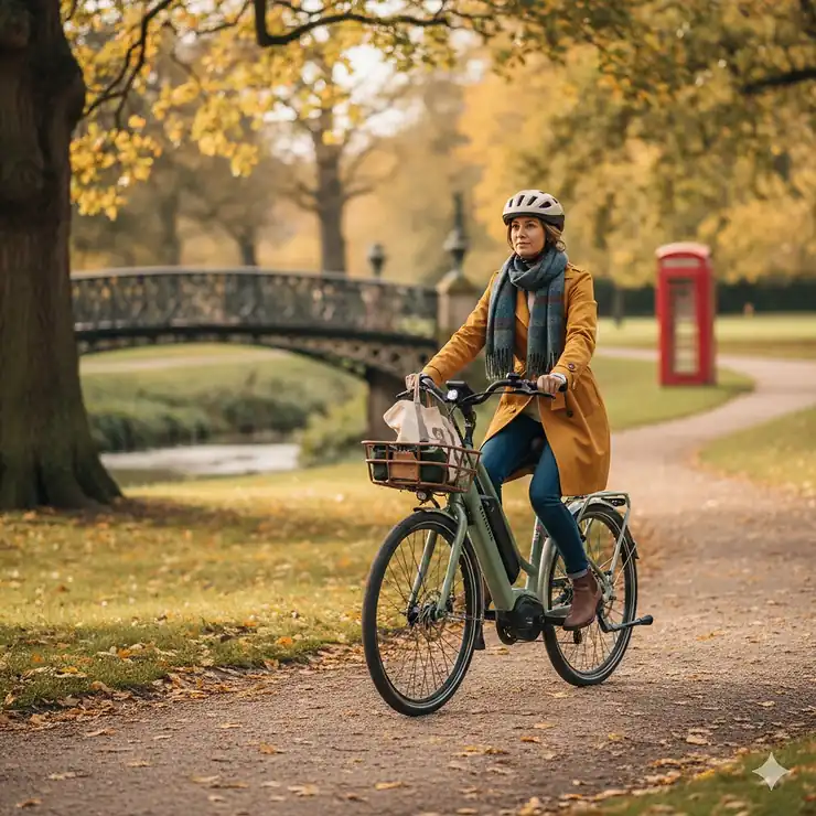 A woman riding a modern electric bike through a leafy British park during autumn, showing a comfortable upright riding position. electric bike for women