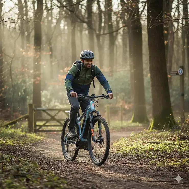 A cyclist riding a high-quality electric mountain bike under £2000 on a scenic UK woodland trail. electric mountain bike under £2000